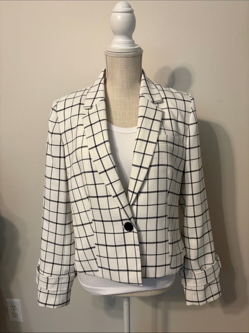 Nine West White Windowpane Cropped Blazer